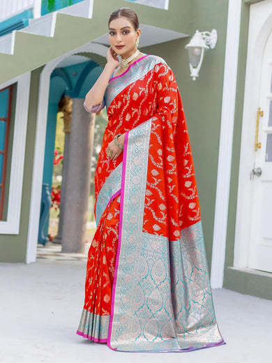 Dazzling Red Zari Weaving Banarasi Silk Wedding Saree With Blouse